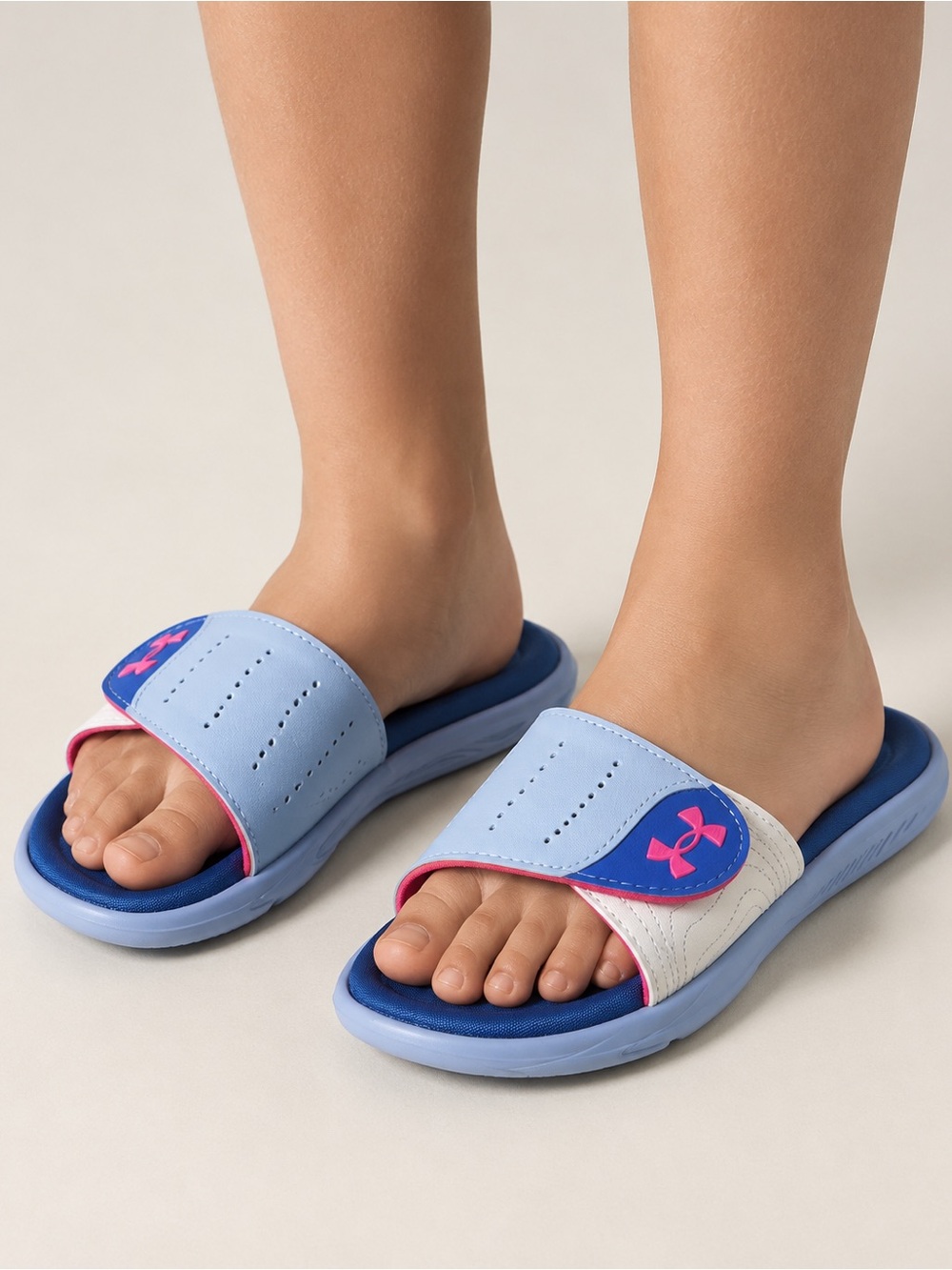 Under Armour Light Blue and Pink Kids' Adjustable Slide Sandals 5Y